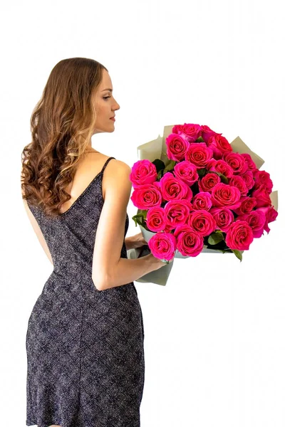 Bella Giovane Donna Con Mazzo Rose Rosa Uno Sfondo Bianco — Foto Stock