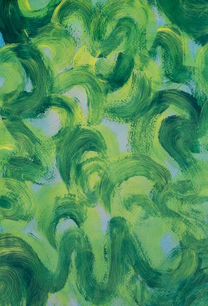 Abstract art green background with swirls. Acrylic painting on canvas. Green and yellow and blue texture. Fragment of a work of art. Smudges of oil paint. Paint strokes. Modern art.