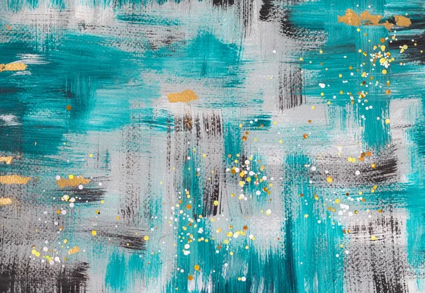 Wallpaper drawing acrylic on canvas. Creative pattern with rough strokes of blue, turquoise and black with the addition of gold and round sequins. Modern art. Contemporary art