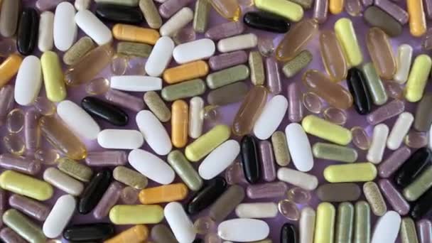 Abuse Pills Supplements Different Colorful Pills Scattered All Table Pile — Vídeo de stock
