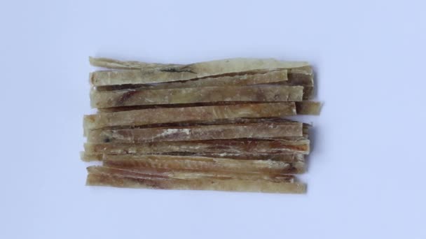 Dried Tuna Slices Salty Elite Beer Snack Close White Background — Vídeo de Stock