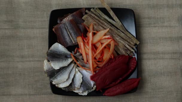 Dried Seafood Mix Squid Tuna Codfishon Yellow Minke Plate Top — Vídeos de Stock