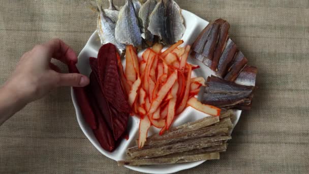 Dried Seafood Mix Squid Mussels Tuna Yellow Minke Dried Caviar — Vídeo de stock