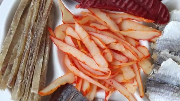 Dried Seafood Mix Squid Dried Codfish Caviar Tuna Yellow Minke — Vídeos de Stock