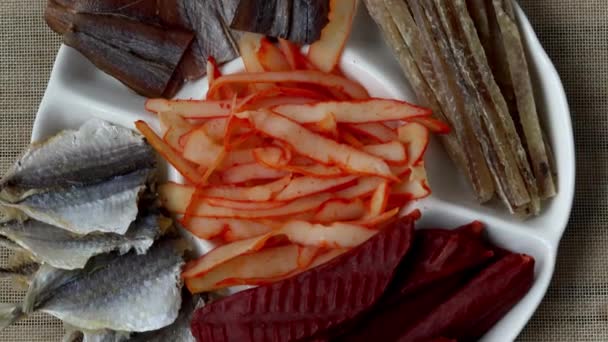 Plate Lots Beer Snacks Dried Salted Mackerel Fish Cod Fillets — Vídeos de Stock