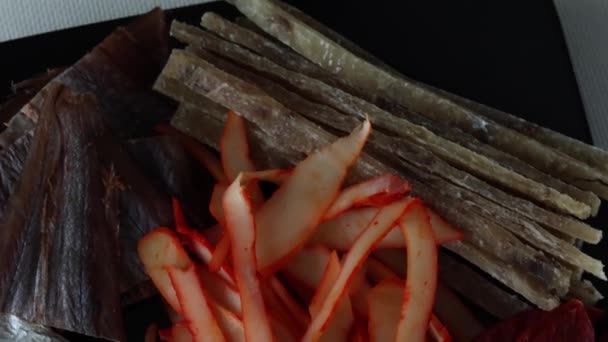 Dried Seafood Mix Squid Tuna Codfishon Yellow Minke Plate Top — Stock video