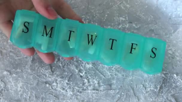 Filled Pill Organiser Womans Hand Daily Vitamin Supplement Boxes Week — Stockvideo
