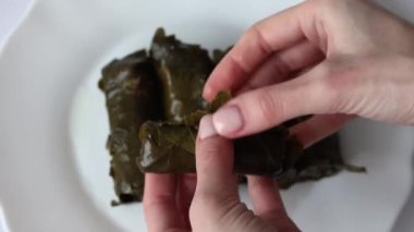 Womans hands unfold a roll of leaves. Pickled grape leaves rolled up in a roll, close-up