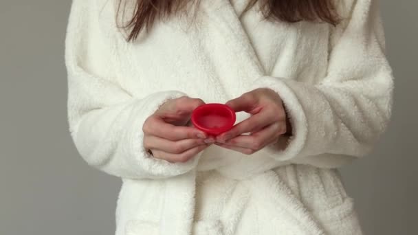 Young Woman Holds Menstrual Cup Her Hands Feminine Hygiene Alternative — Vídeo de Stock
