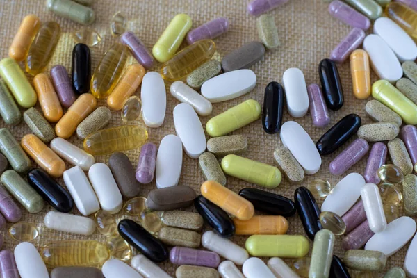 Mix Colorful Pills Pads Beige Background — Zdjęcie stockowe
