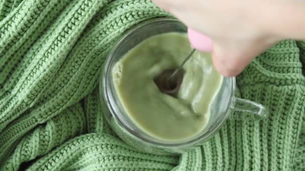 Preparing Matcha Green Tea Latte Drink Clear Heart Shaped Cup — Video Stock