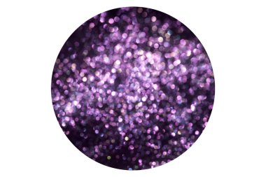 Purple defocused glitter on a black background. Postcard shape circle mock-up on isolated white background