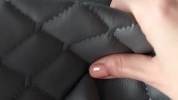 Woman Holding Roll Gray Quilted Leather Fabric Stitched Synthetic Fabric — Stockvideo