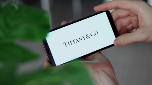 Irpen Ukraine January 20223 Closeup Smartphone Screen Tiffany Logo Lettering — ストック動画