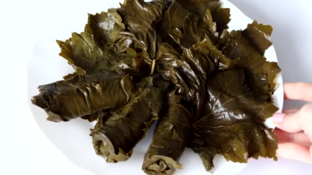 Pickled Grape Leaves Close Grape Leaves Traditional Oriental Dolma Dishes — Vídeo de stock