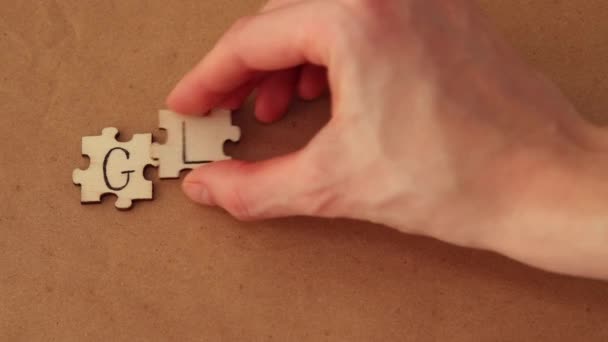 Woman Assembles Word Out Wooden Puzzles Say Gluten — Wideo stockowe