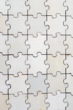 Puzzle pieces grid, jigsaw puzzle beige wood, success mosaic solution template, horizontal. Blank assembled puzzles with copy space
