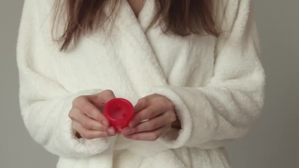 Woman Holds Menstrual Cup Her Hands Alternative Means Feminine Hygiene — Stock videók