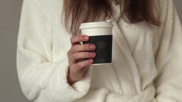 Woman Bathrobe Holding Cup Morning Coffee — Stok video