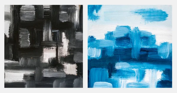 Duas Fotos Numa Pintura Abstrata Preta Azul Uma Moldura Branca — Fotografia de Stock