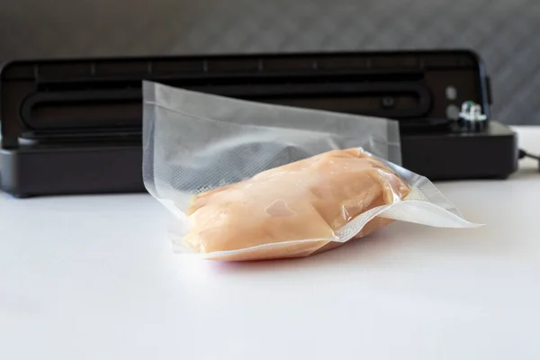 Vacuum Bag Raw Chicken Breast White Table — Stock Photo, Image