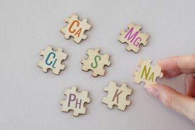 Set of puzzles with the most important macronutrients with colorful inscriptions on a beige background. Ca, Mg, Na, Cl, S, Ph, S, K. Biologically important elements clipart
