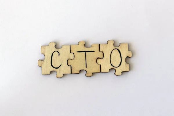The acronym CTO, which stands for Chief Technology Officer. The letters written on the puzzles