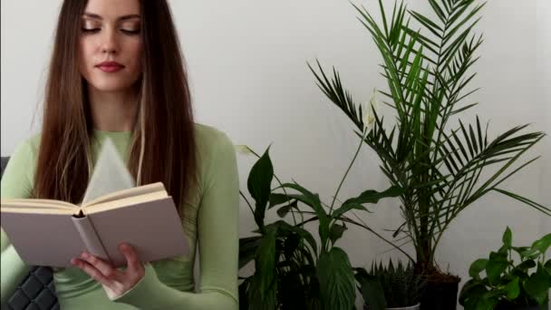 Eine Schöne Junge Frau Liest Einem Restaurant Ein Buch Einem — Stockvideo