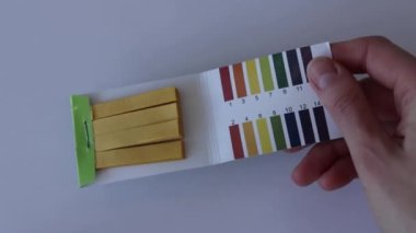 Bir kadın elinin beyaz arka planında Ph 'yi ölçmek için test şeritleri.