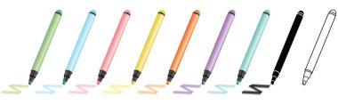 set of 9 highlighter marker sharpie pens for highlighting text in pink, yellow, green, blue, orange, purple, teal, including black silhouette glyph and outline icon isolated on white background