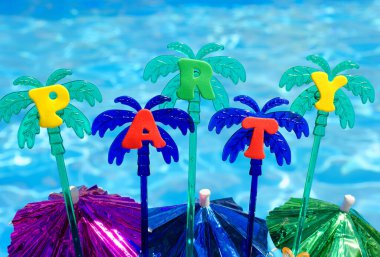 Flat party design concept with blue swimming pool background. Party decor umbrellas, tinsel, palm trees, sparkles.