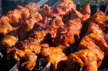 Gerçek kömürün altında domuz şişleri var. Güneş ışığının altında barbekü.