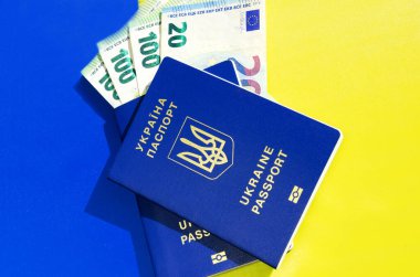 Ukrayna bayrağının arka planında Ukrayna pasaportları ve avro para birimi var. Rus birliklerinin işgali ile ilgili olarak Avrupa Birliği 'nden Ukrayna halkına maddi yardım.