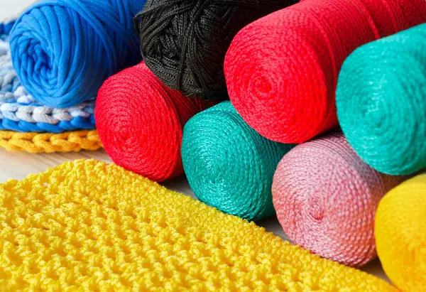 Polyester cords in rolls. Multi-colored cords for knitting bags and baskets.