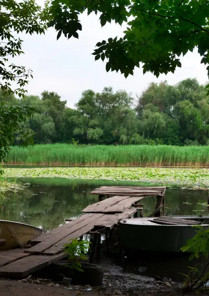stock image Beautiful landscape on the banks of the Konka River. Kherson region, village of Krynki. Summer holidays on the river, fishing, hunting, boating.