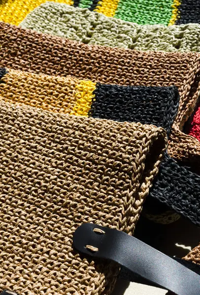 Stock image Handmade from ECO material. Women's handmade raffia bags. Beautiful colorful bags for summer holidays.