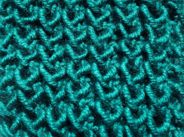 Kış ipliği, örgü. Yün turkuaz renginin deseni. Desenin yakın plan örneği.