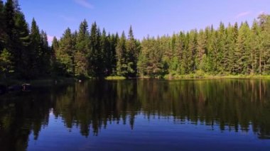 İsveç doğasındaki dağ ormanı gölü. Ağaçların yansıması ve sudaki bue gökyüzü, sakin su suyu dalgalandırır. Gölün kıyısında, ağaçlar doğrudan güneş ışığı ve gölgede, Dolly 'nin çektiği alçak açı yaz mevsimi. Varmland, İsveç