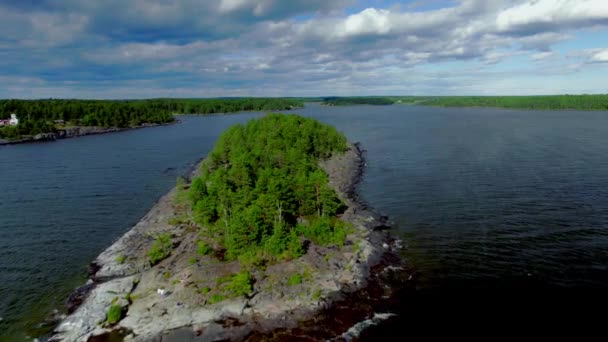Low Forward Aerial Rocky Island Pine Trees Islet Middle Lake — Stockvideo