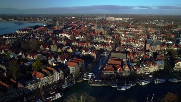 Aerial Panning Shot Old Historic Harbor Town Hoorn Netherlands Harbor — Stockvideo