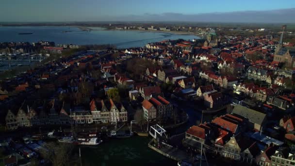Aerial View Old Picturesque Town Stepped Gable Streets Canals Drawbridge — Stok video