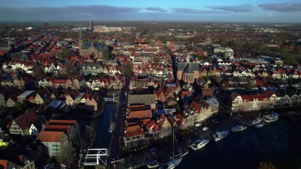 Aerial Dolly Shot Historic Old Town Harbor Sailboats Motorboats Moored — 비디오