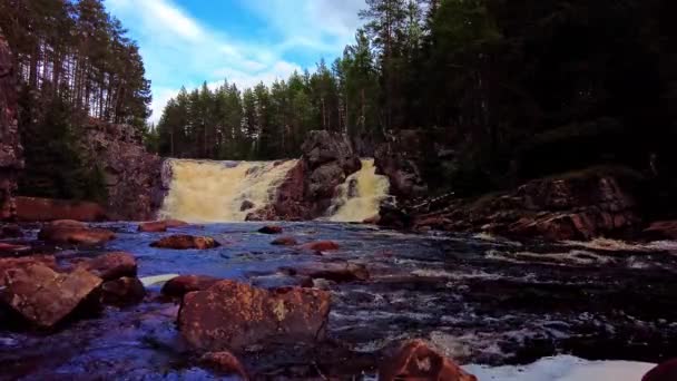 Low Angle View Static Shot Beautiful Waterfall Brattfallet Forests Sweden — Wideo stockowe