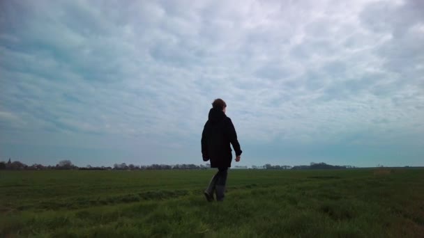 Walking Boy Alone Grass Trail Green Meadows Fields Rural Landscape — Stock Video
