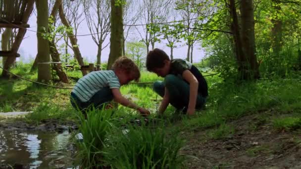 2人の少年が水たまりの中で泥と水で遊ぶ 公園の晴れた春の日には木の木陰で屋外で遊んでいる子供たち 低角度静的ショット スローモーションのためのリアルタイム60 Fps — ストック動画