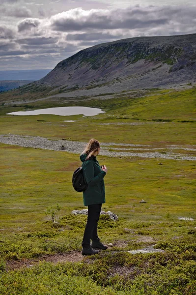 Active Female Hiker Enjoys View Green Valley Lake Nipfjallet Mountain Royalty Free Stock Photos