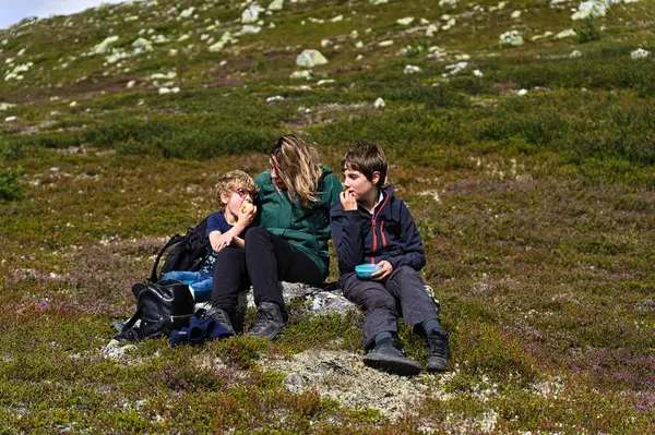 Mother with children sit on a boulder and eat fruit during a walk in the mountains. Front view of natural happy family with healthy lifestyle active summer vacation trip in the nordic landscape