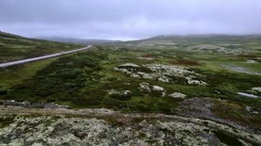 Norveç 'in sisli tundra manzarasında dönen bir dağ yolunda geri geri uçan arabaların yanından geçen hava manzarası. Norveç doğasında liken ve ren geyiği yosunlu Rondane Ulusal Parkı