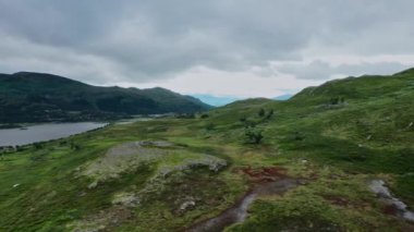 Hava kayması, akıntıyla yeşil çorak dağ yamacını vurdu. Boreal ormanı ve arka planında parlak gökyüzü olan göl ve dağ sırtı. Norveç 'te bulutlu kasvetli hava