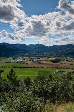 Sylte ve Surnadal Üzerine Yaz Görkemi: Norveç 'in Yüksek Açı Tarlalarına Bakış. Norveç 'in görkemli dağ vadisi manzarasına yuva yapmış yeşil tarlalar ve kırsal evler.